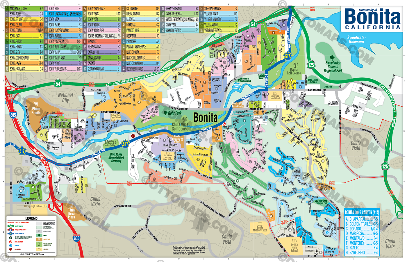 Bonita Map, San Diego County, CA - FILES - PDF and AI Files, editable, vector, royalty free