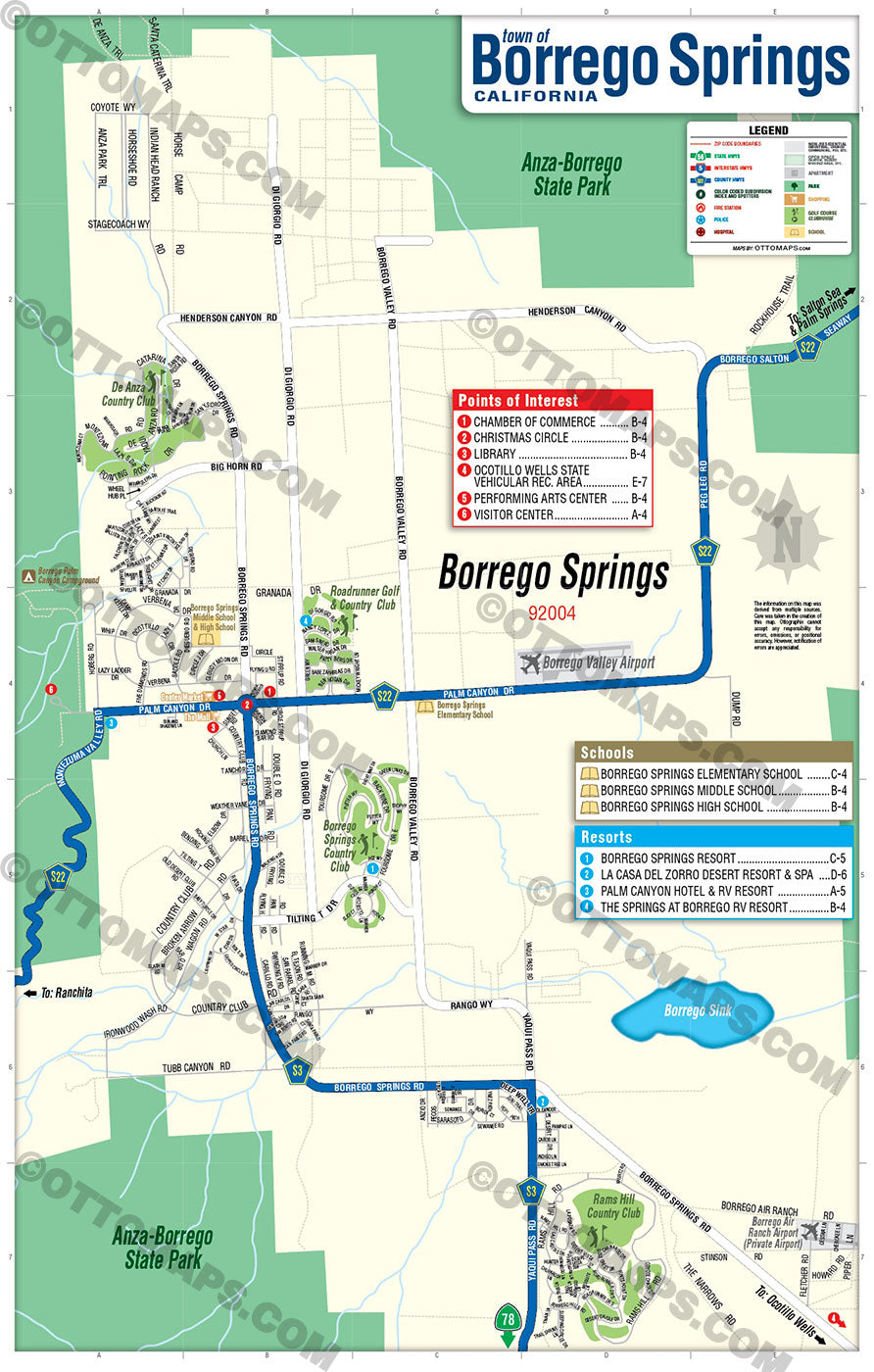 Borrego Springs Map, San Diego County, CA - POSTER PRINTS