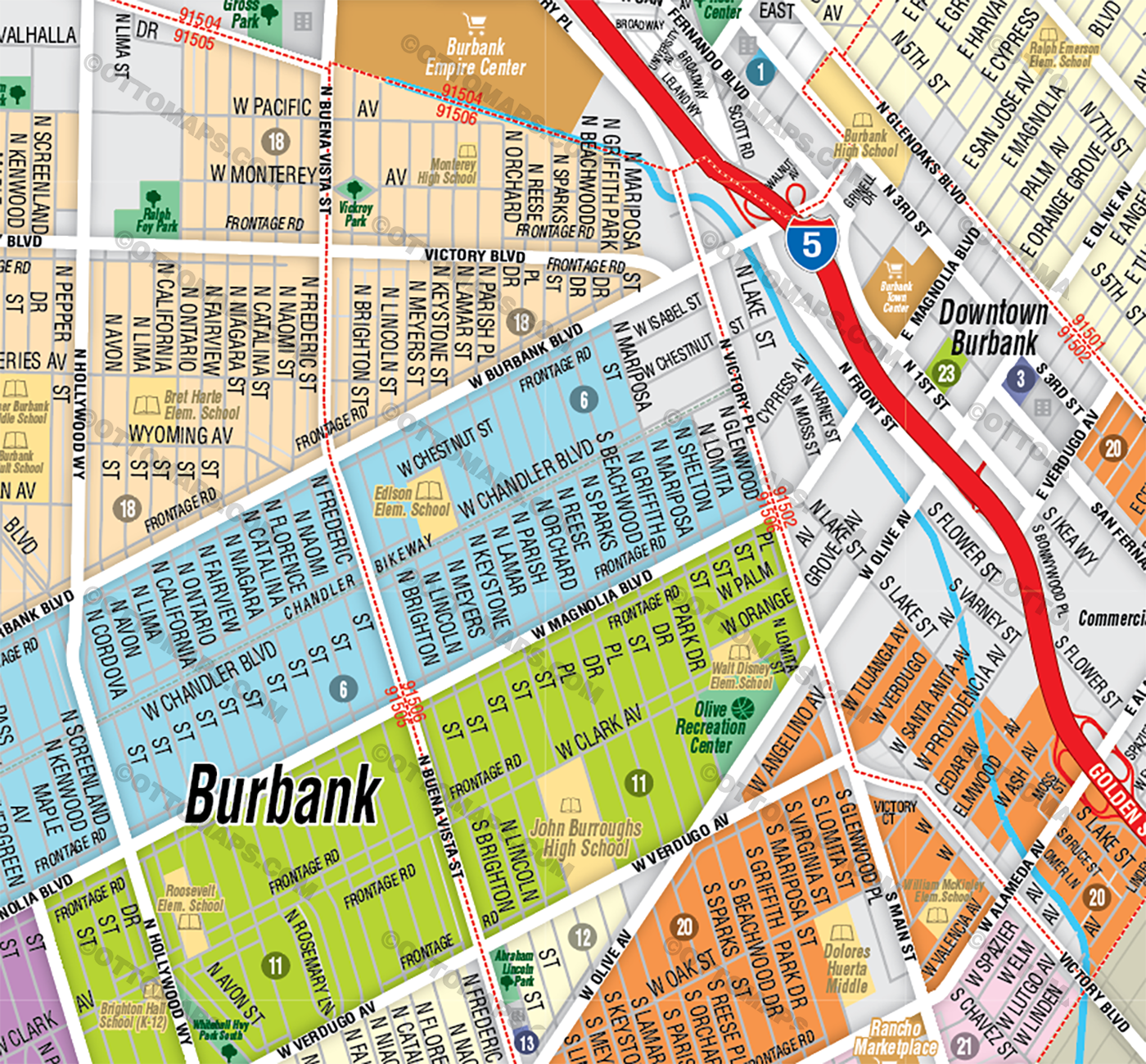 Burbank Map, Los Angeles County, CA - FILES - PDF and AI, editable, vector, royalty free - zoom