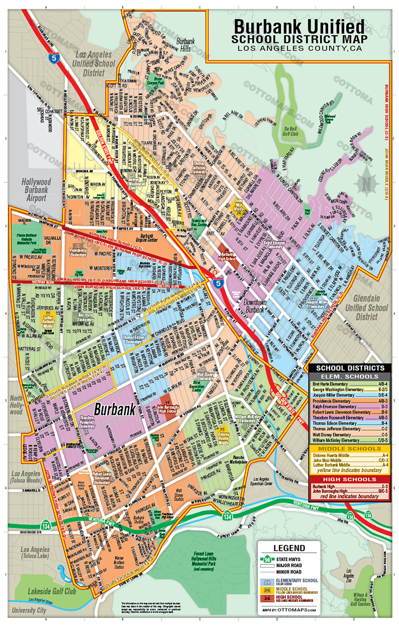 Burbank Unified School District Map, Los Angeles County, CA - FILES - PDF and AI, editable, vector, royalty free