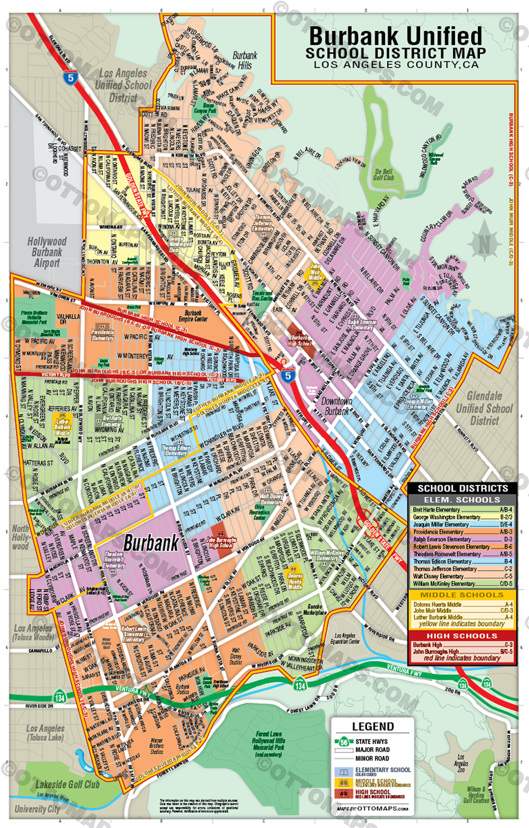 Burbank Unified School District Map, Los Angeles County, CA - POSTER PRINTS