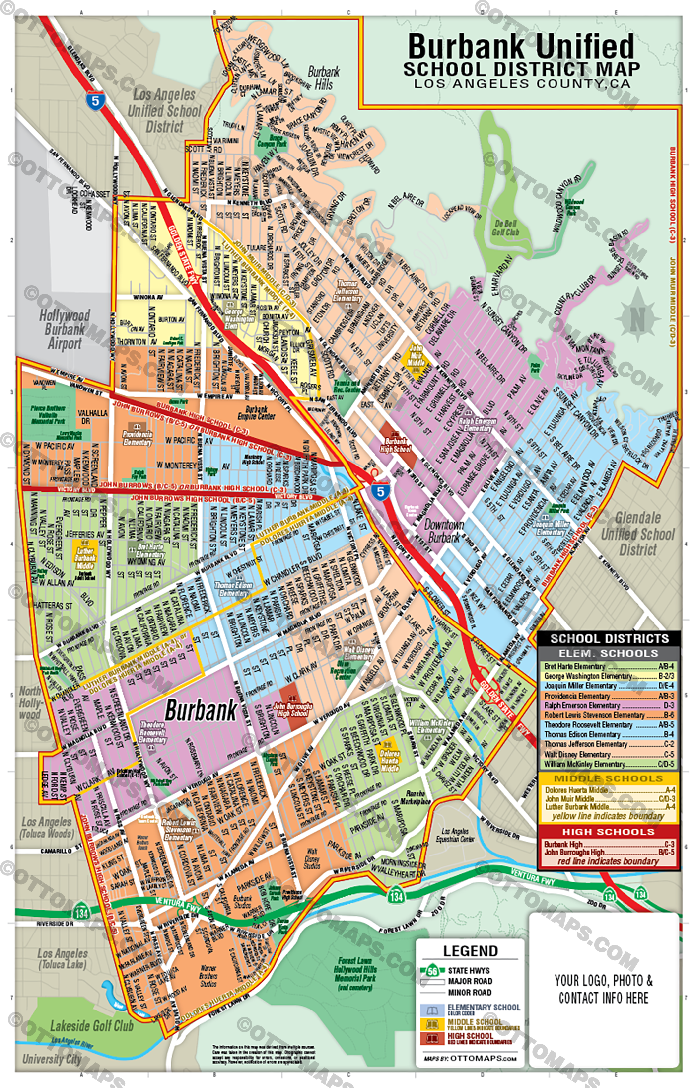 Burbank Unified School District Map, Los Angeles County, CA - FILES - PDF and AI, editable, vector, royalty free
