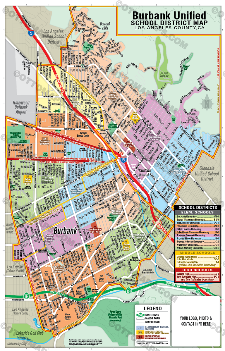 Burbank Unified School District Map, Los Angeles County, CA - FILES - PDF and AI, editable, vector, royalty free - with box