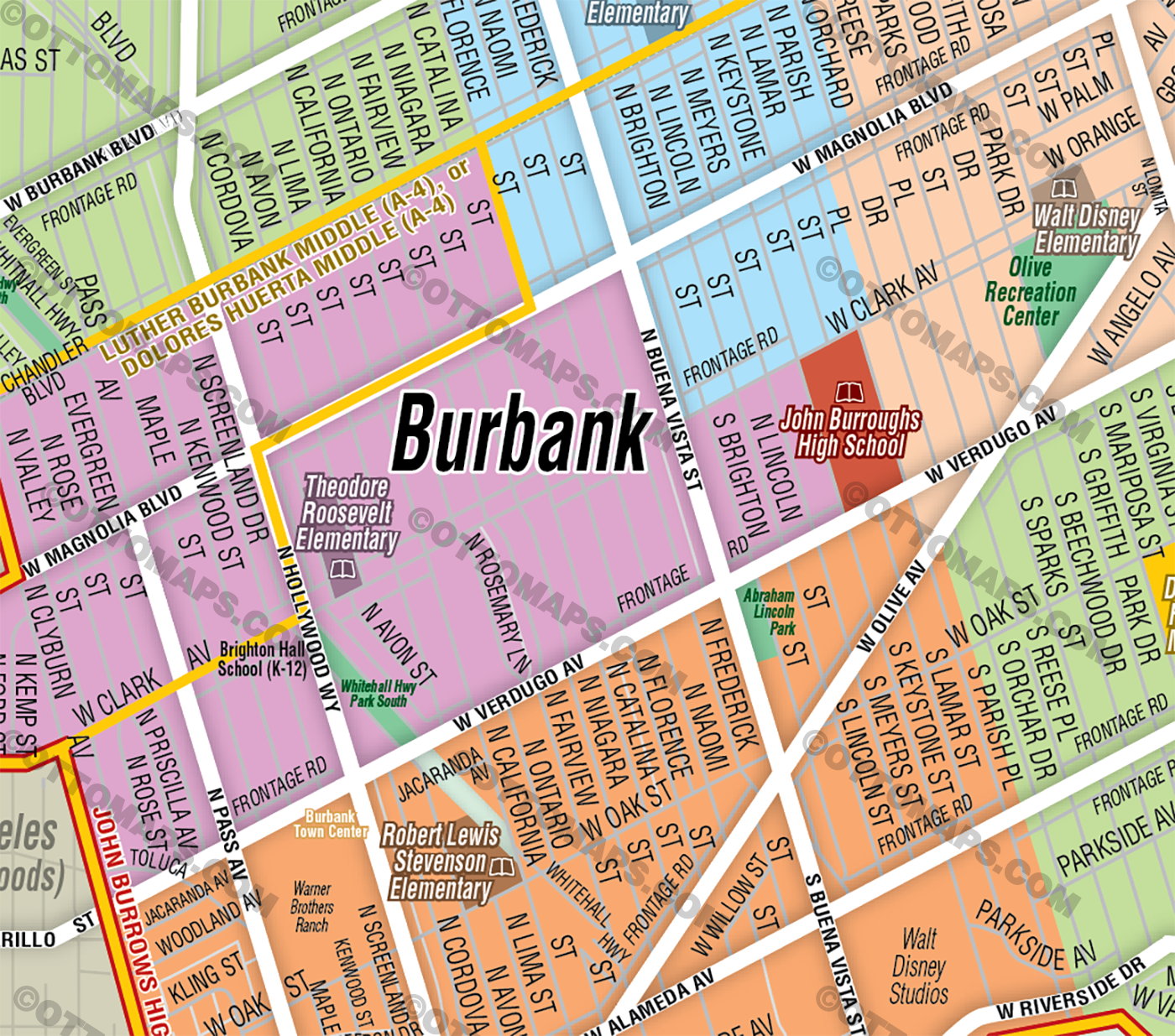 Burbank Unified School District Map, Los Angeles County, CA - FILES - PDF and AI, editable, vector, royalty free
