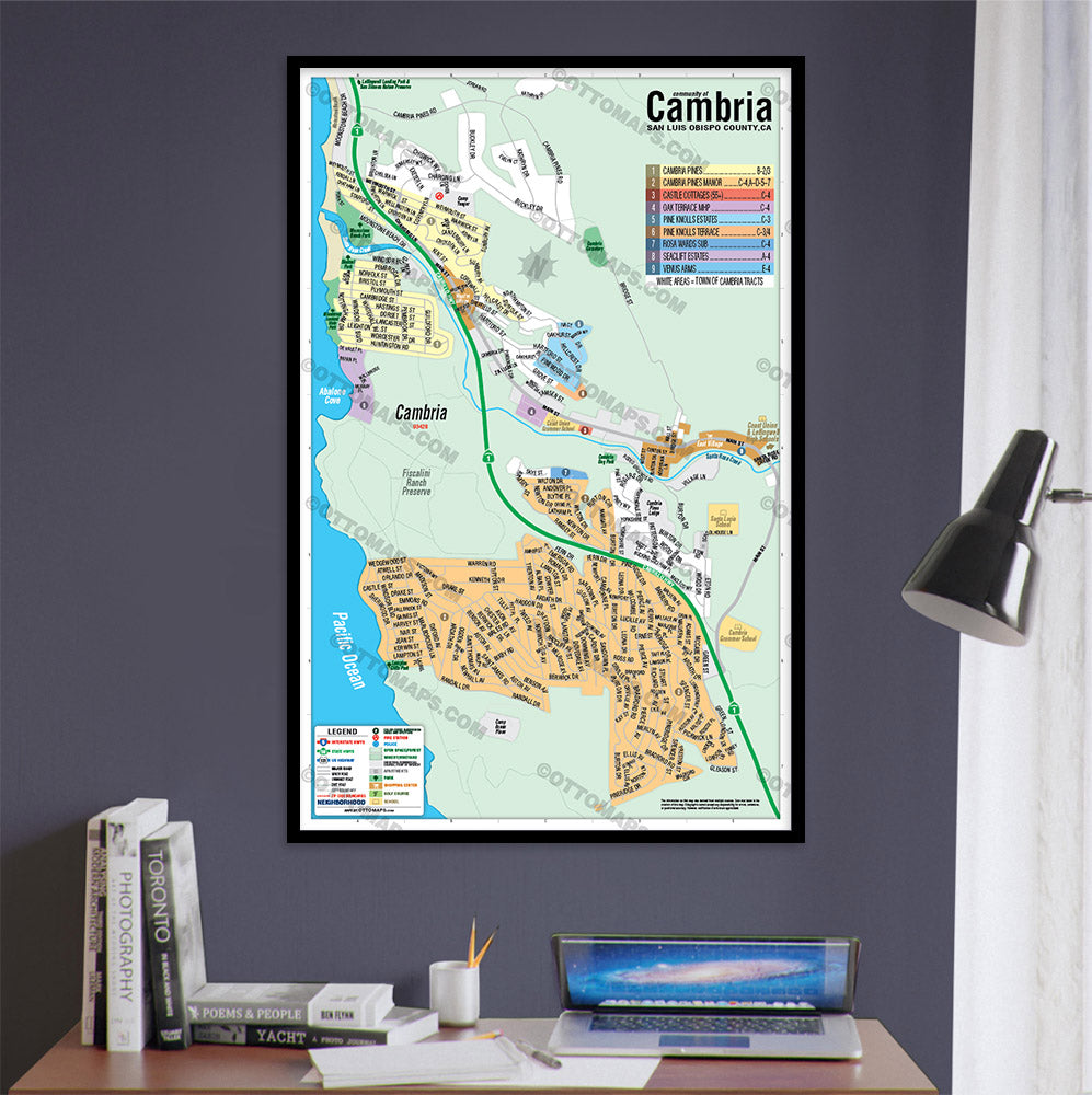 Cambria Map, San Luis Obispo County, CA - POSTER PRINTS - with frame