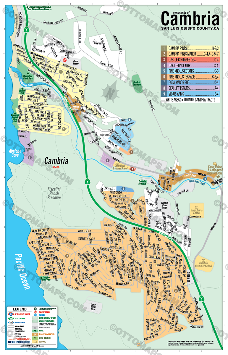 Cambria Map, San Luis Obispo County, CA - POSTER PRINTS