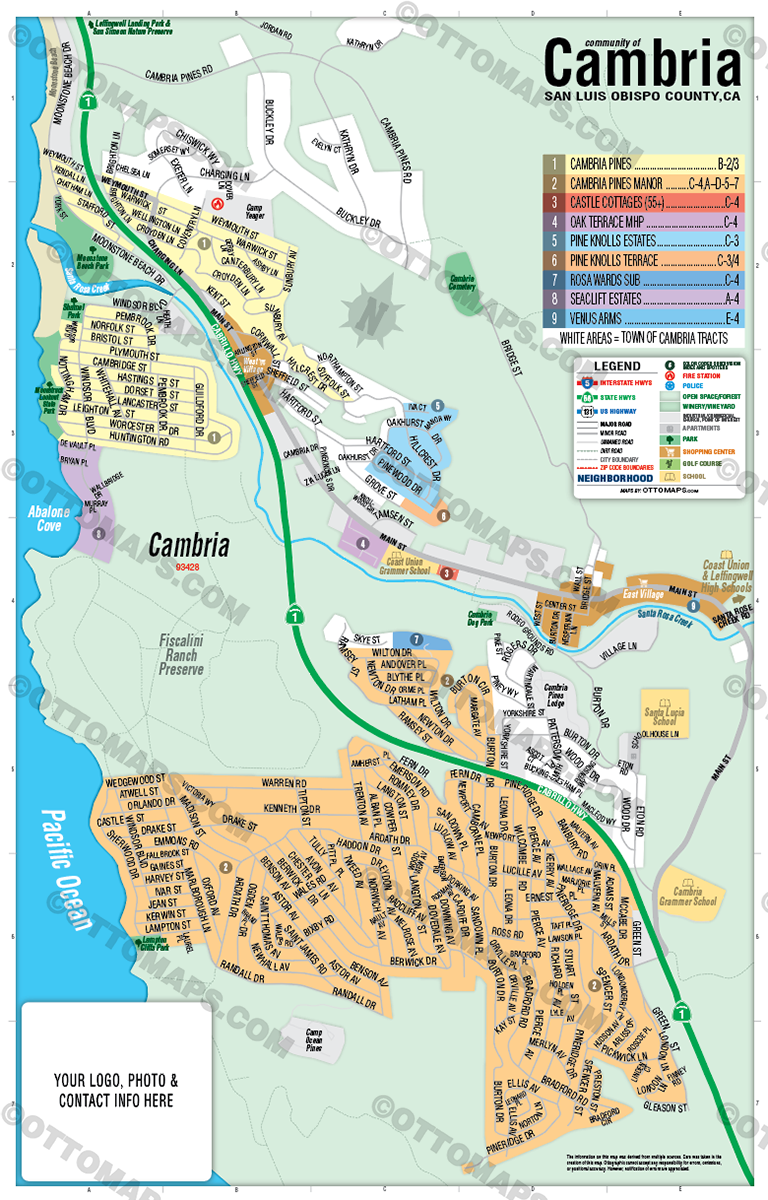 Cambria Map, San Luis Obispo County, CA - FILES - PDF and Adobe Illustrator - with box