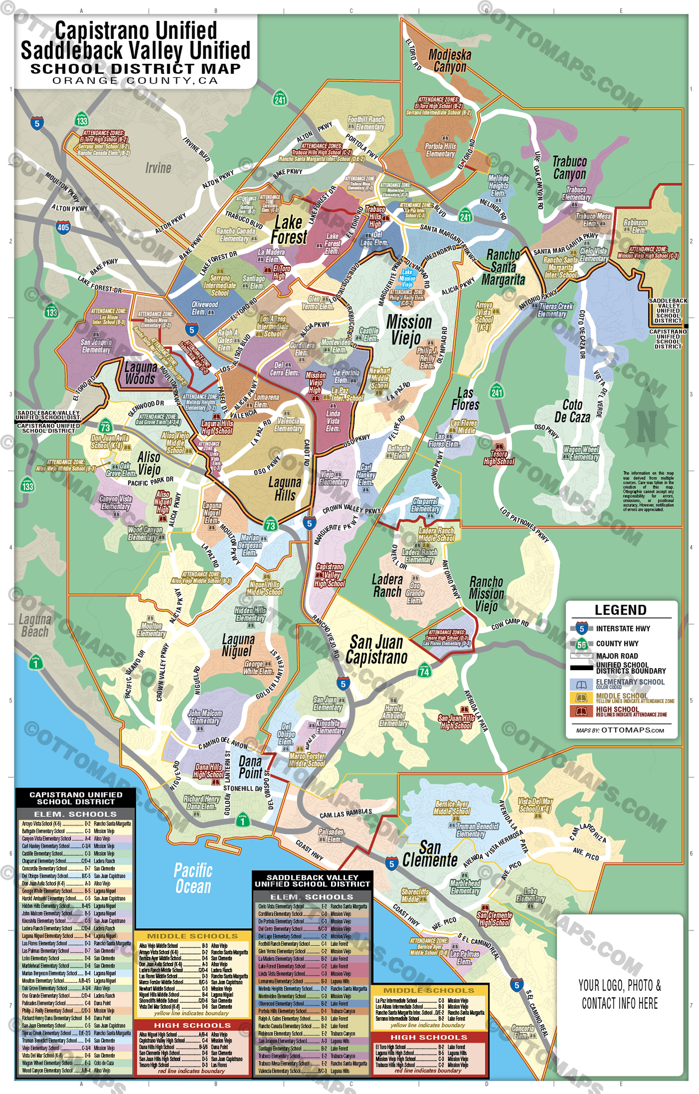 Capistrano Unified and Saddleback Unified School District Map - Orange County, CA - FILES - PDF and AI, editable, vector, royalty free