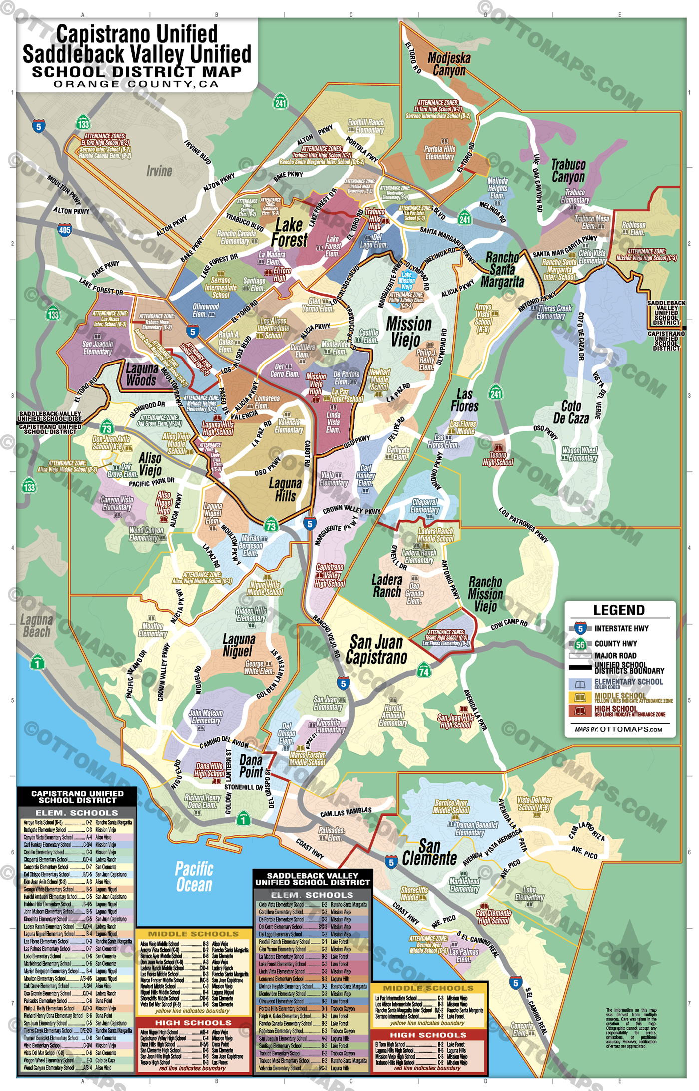 Capistrano Unified and Saddleback Unified School District Map - Orange County, CA - PDF, editable, royalty free