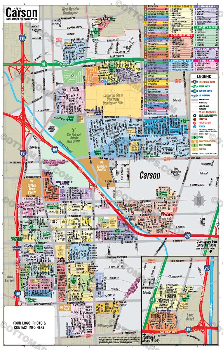 Carson Map, Los Angeles County, CA - FILES - PDF and AI, editable, vector, royalty free - with box