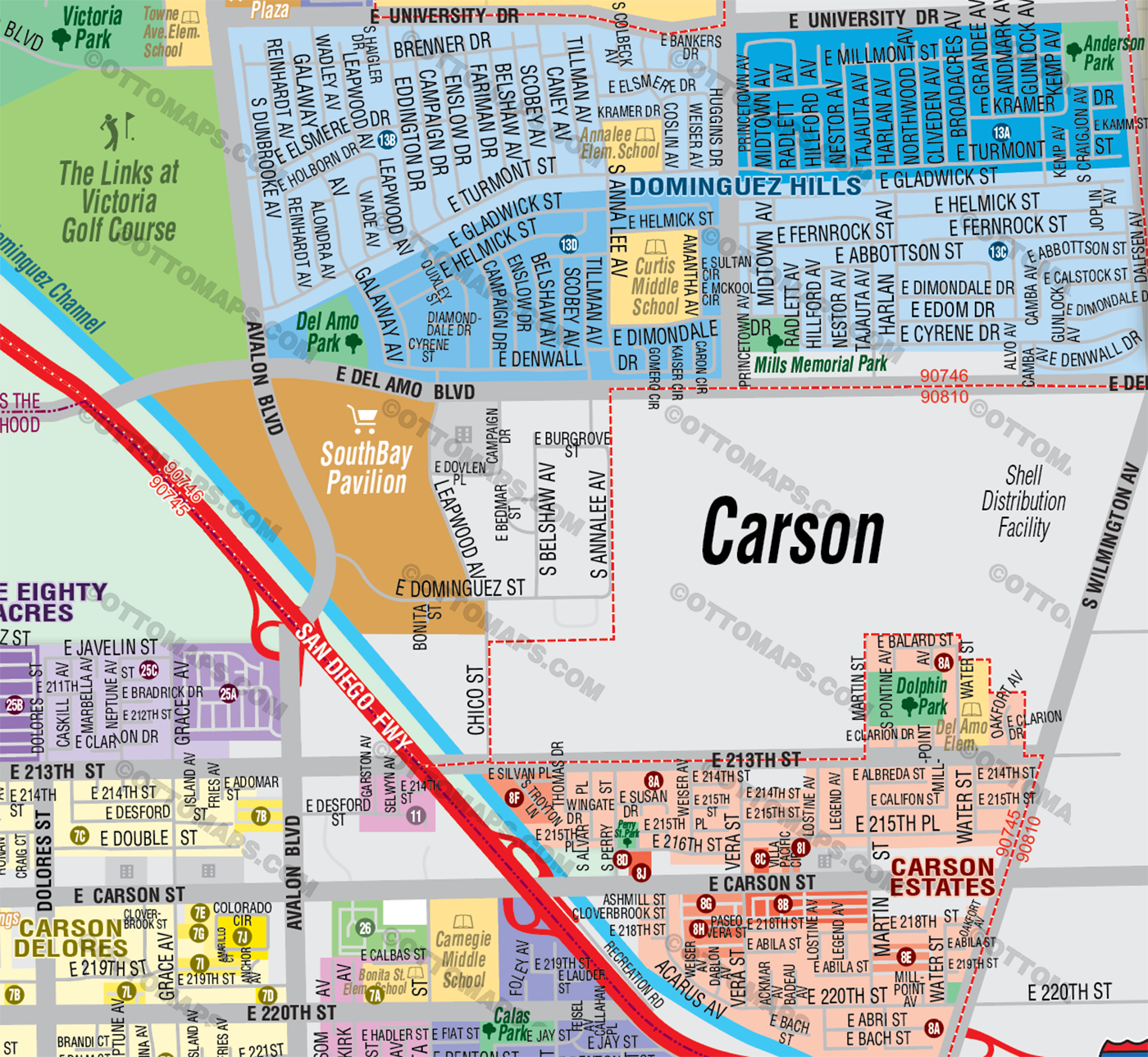 Carson Map, Los Angeles County, CA - FILES - PDF and AI, editable, vector, royalty free - zoom