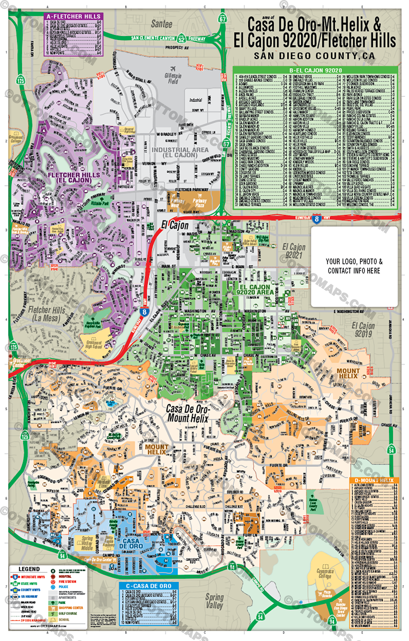 Casa De Oro - Mt Helix Map, with Fletcher Hills and El Cajon 92020, San Diego County, CA - FILES - PDF snd AI, editable, vector, royalty free