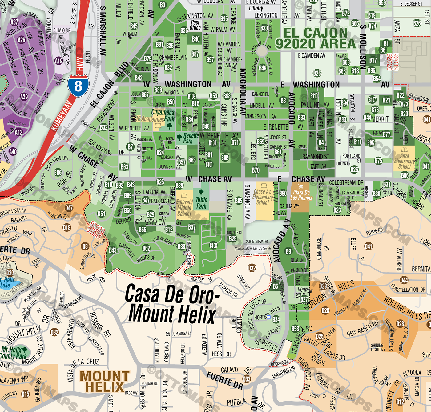 Casa De Oro - Mt Helix Map, with Fletcher Hills and El Cajon 92020, San Diego County, CA