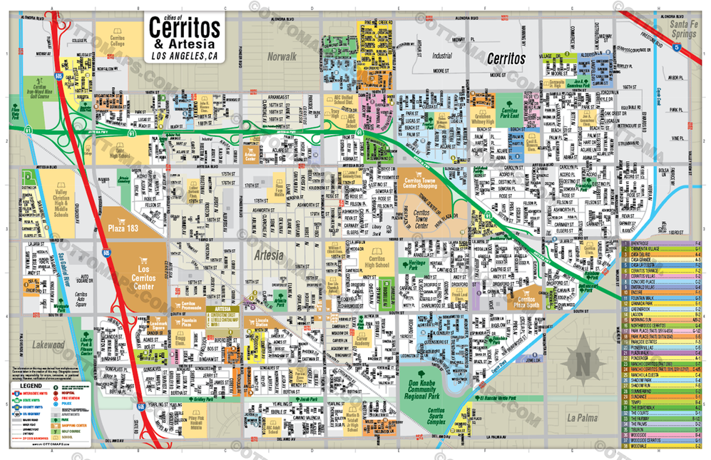 Cerritos Map with Artesia, Los Angeles County, CA - POSTER PRINTS