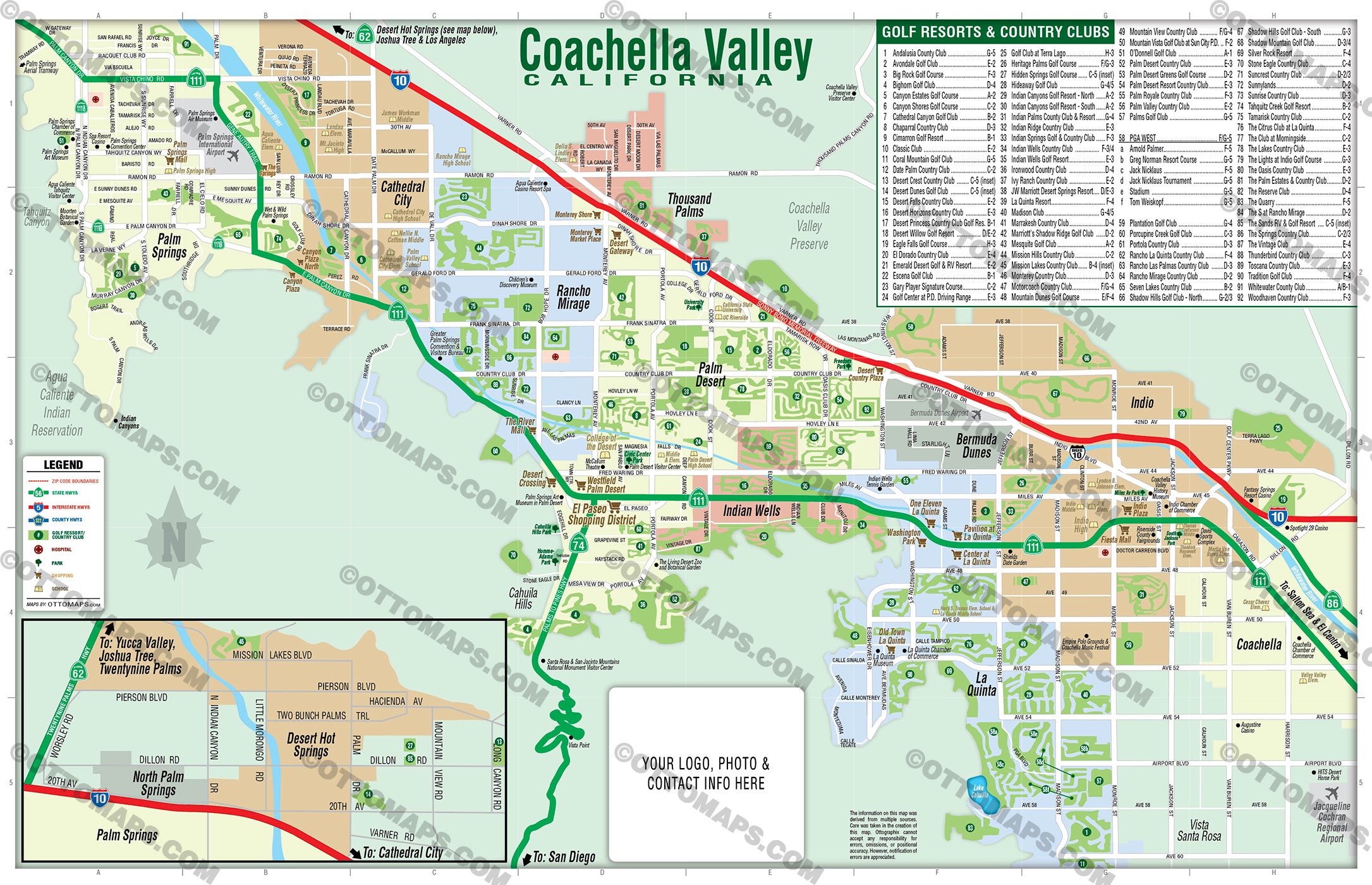 Coachella Valley Map with Golf Index - FILES - PDF and AI Files, editable, vector, royalty free