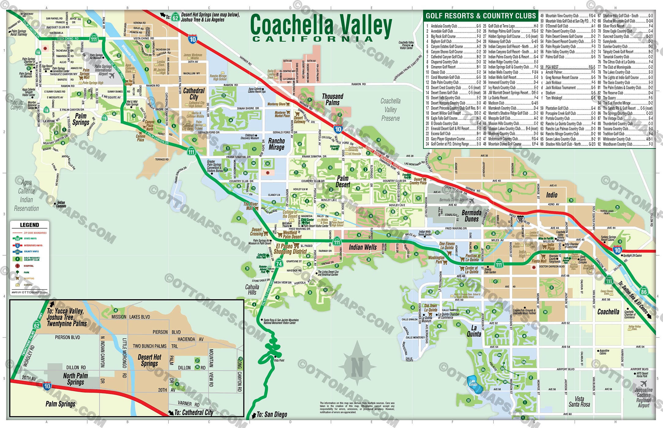 Coachella Valley Map with Golf Index - FILES - PDF and AI Files, editable, vector, royalty free