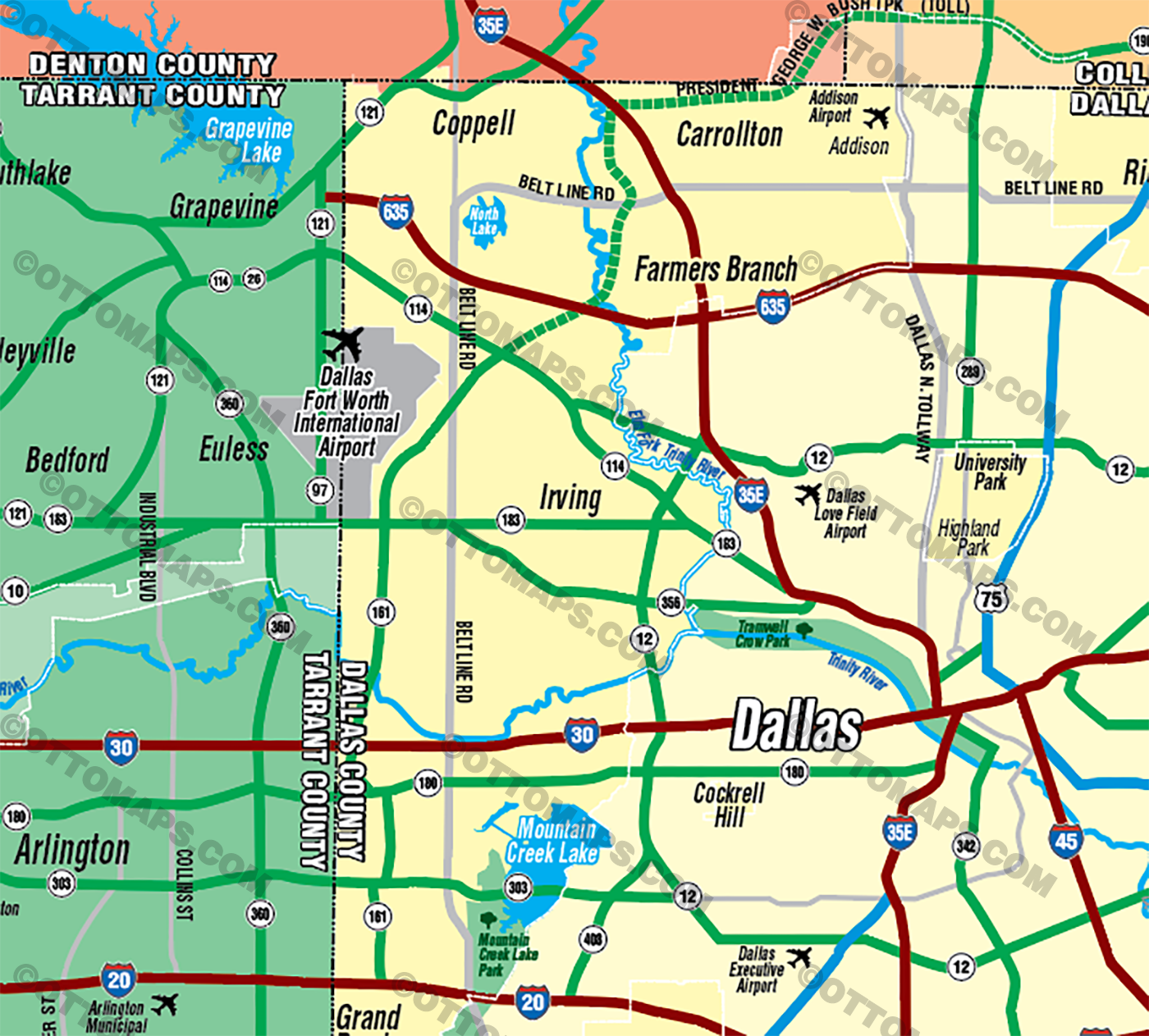 Dallas Fort Worth Map - no zip codes - FILES - PDF and AI, layered, editable, vector, royalty free