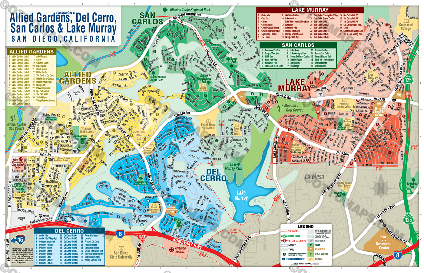 Allied Gardens, Del Cerro, San Carlos & Lake Murray Map, San Diego County, CA - FILES - PDF and AI Files, editable, vector, royalty free