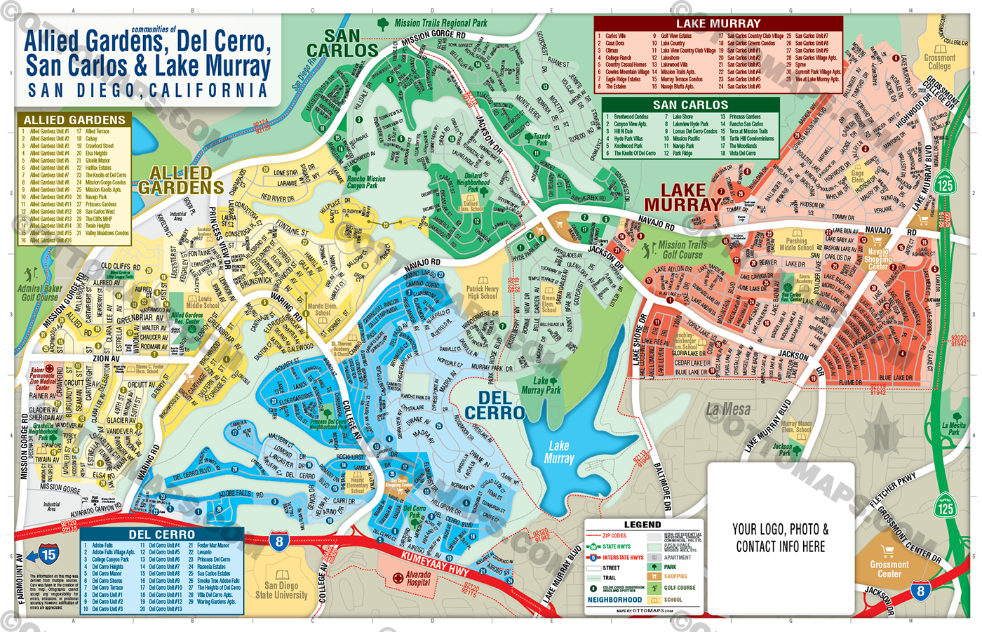 Allied Gardens, Del Cerro, San Carlos & Lake Murray Map, San Diego County, CA - FILES - PDF and AI Files, editable, vector, royalty free