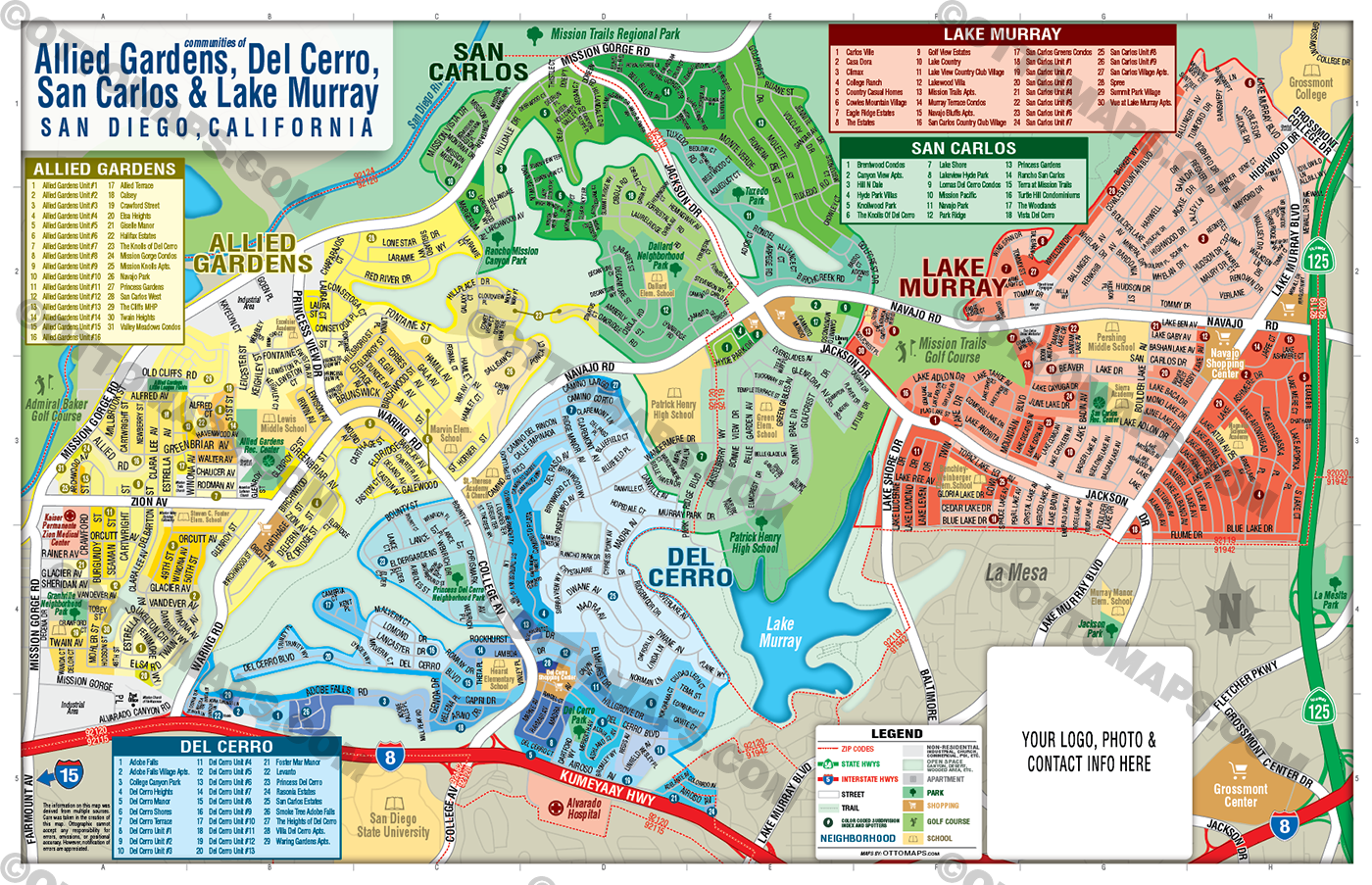 Allied Gardens, Del Cerro, San Carlos & Lake Murray Map, San Diego County, CA - FILES: PDF and AI, editable, layered