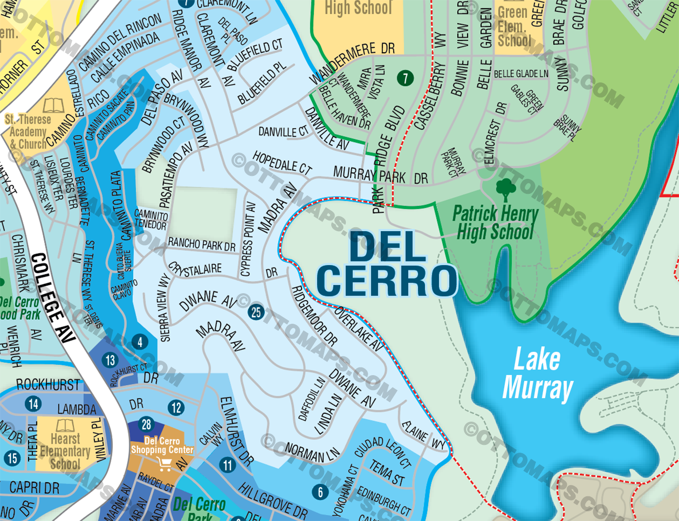 Allied Gardens, Del Cerro, San Carlos & Lake Murray Map, San Diego County, CA - FILES - PDF and AI Files, editable, vector, royalty free