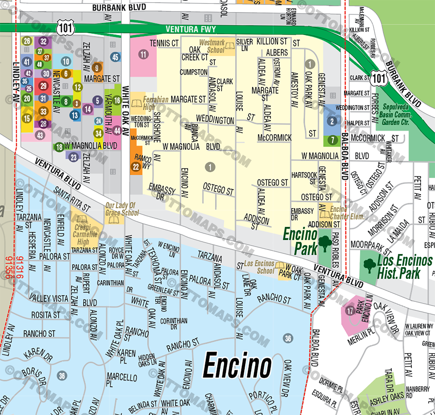 Encino Map, Los Angeles County, CA - FILES - PDF, AI, editable, vector, royalty free