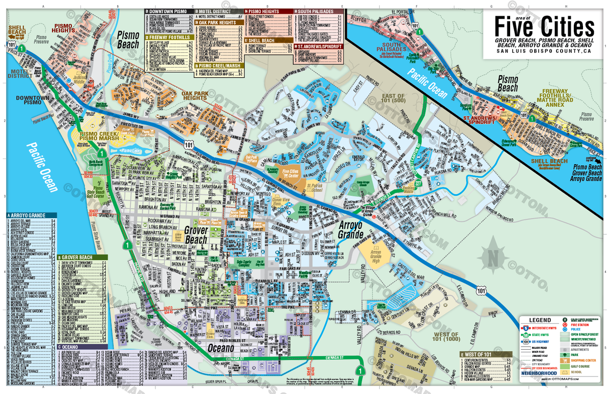 Five Cities Map, San Luis Obispo County, CA - POSTER PRINTS