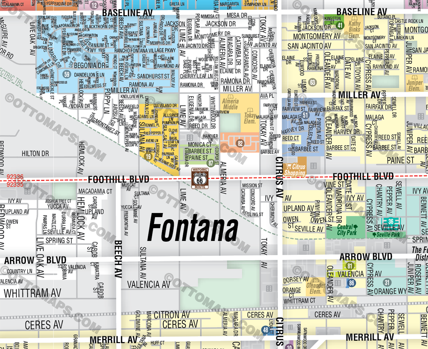 Fontana Map, San Bernardino County - FILES - PDF and AI, editable, vector, royalty free