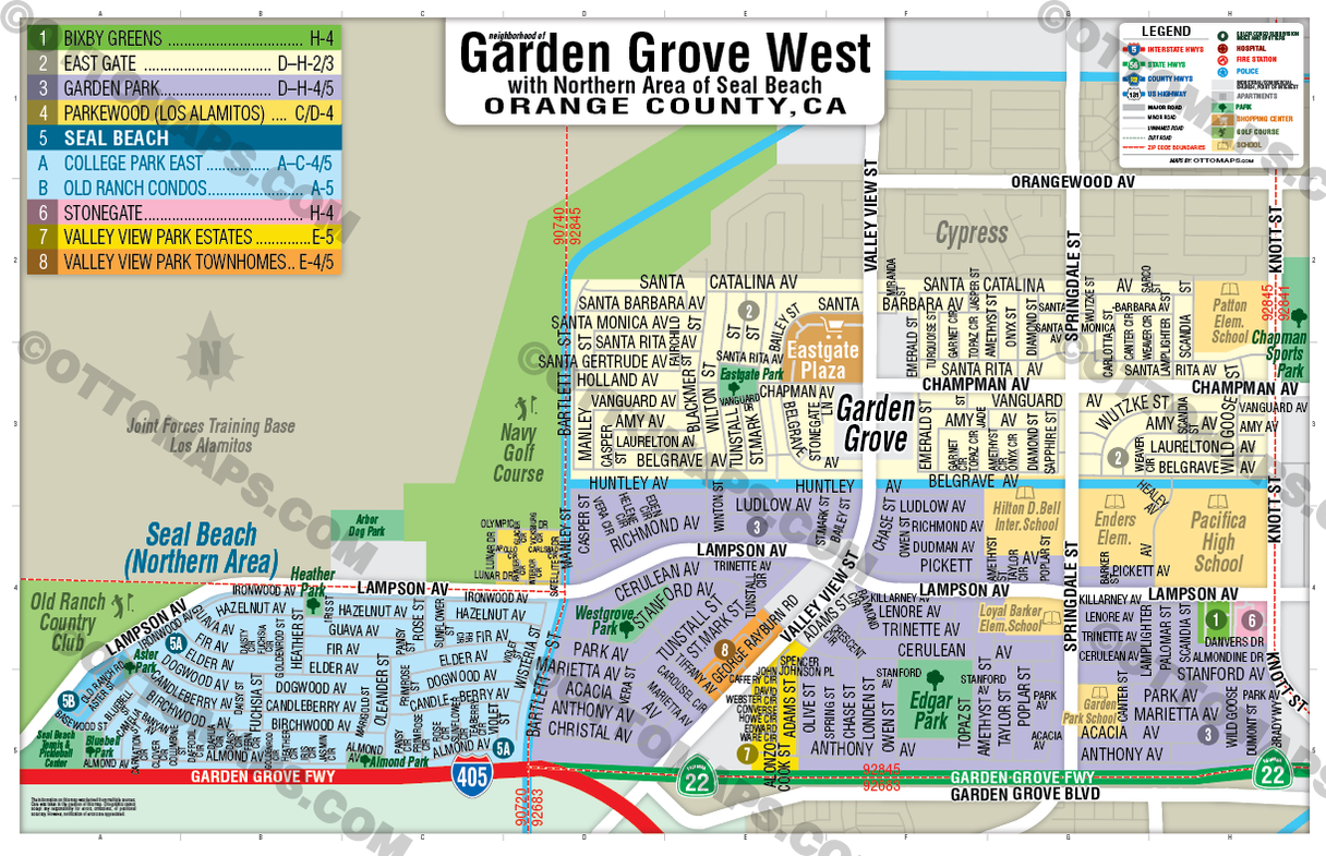 Garden Grove West Map with Northern Seal Beach, Orange County, CA - FILES - PDF and AI, editable, layered, vector, royalty free