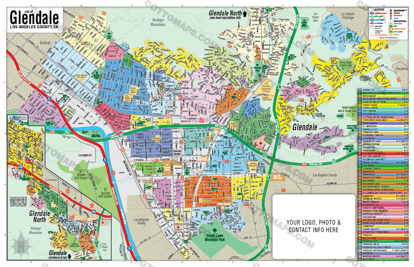 Glendale Map, Los Angeles County, CA - FILES - PDF and Adobe Illustrator - with box