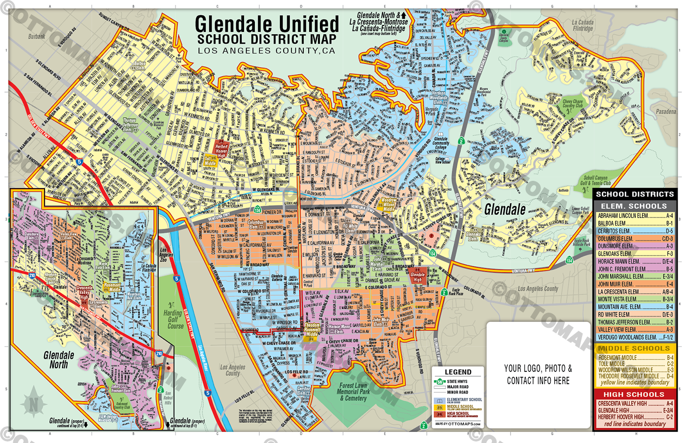 Glendale Unified School District Map - Los Angeles County, CA - FILES: PDF and Adobe Illustrator Files - layered, editable, royalty free