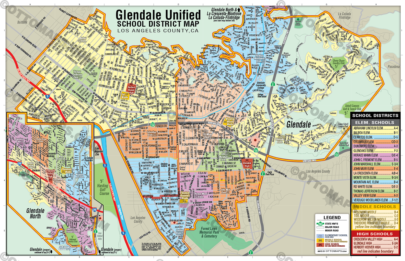 Glendale Unified School District Map - Los Angeles County, CA - FILES: PDF and Adobe Illustrator Files - layered, editable, royalty free