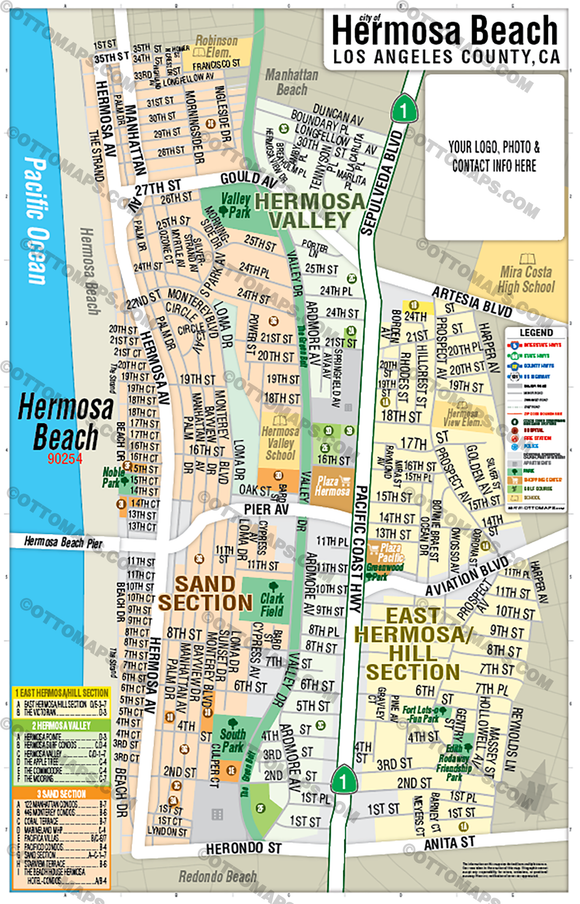 Hermosa Beach Map, Los Angeles, CA - FILES - PDF and AI, editable, layered, vector, royalty free
