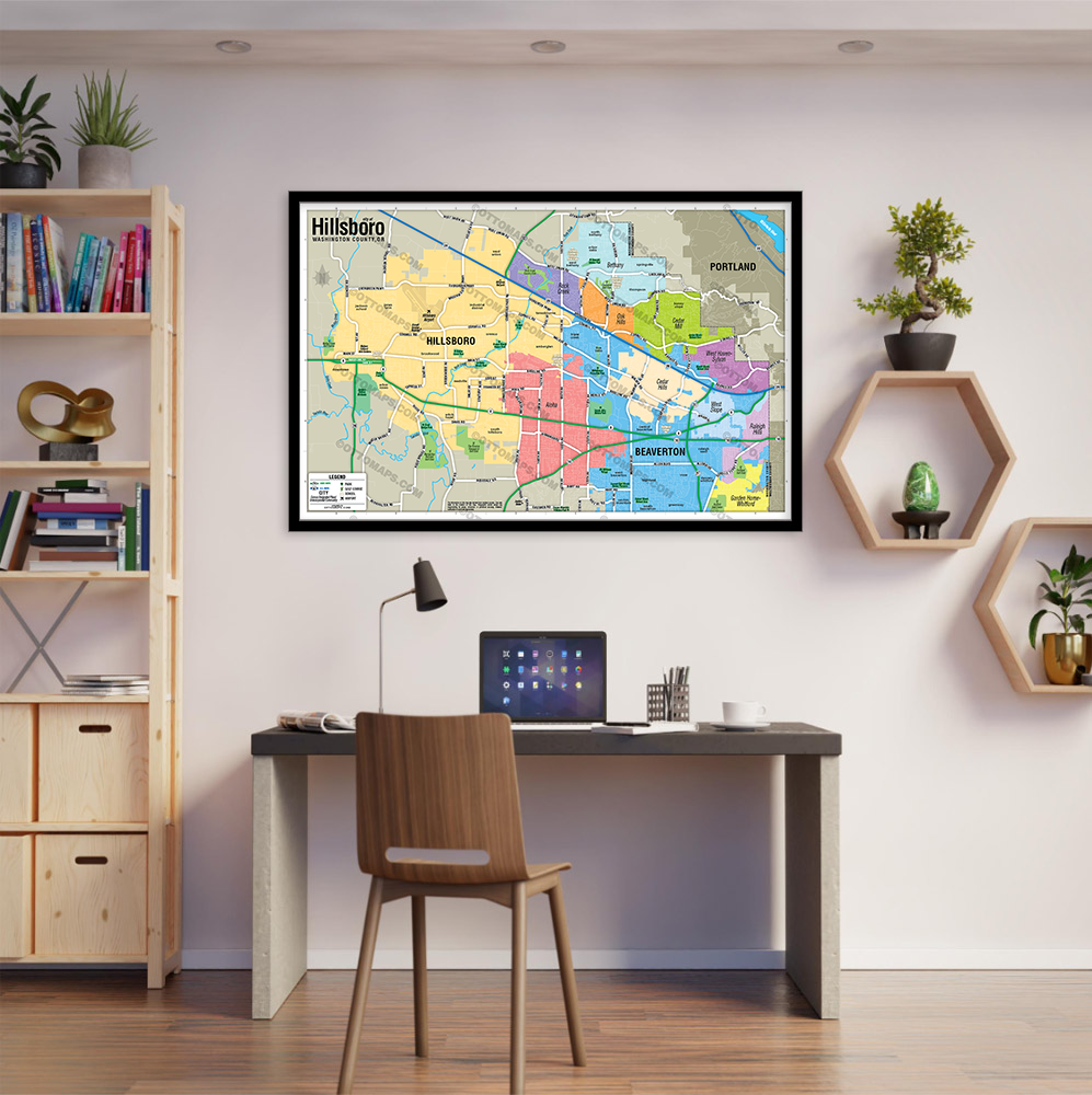 Hillsboro Map with Beaverton, Washington County, OR - POSTER PRINTS - with frame