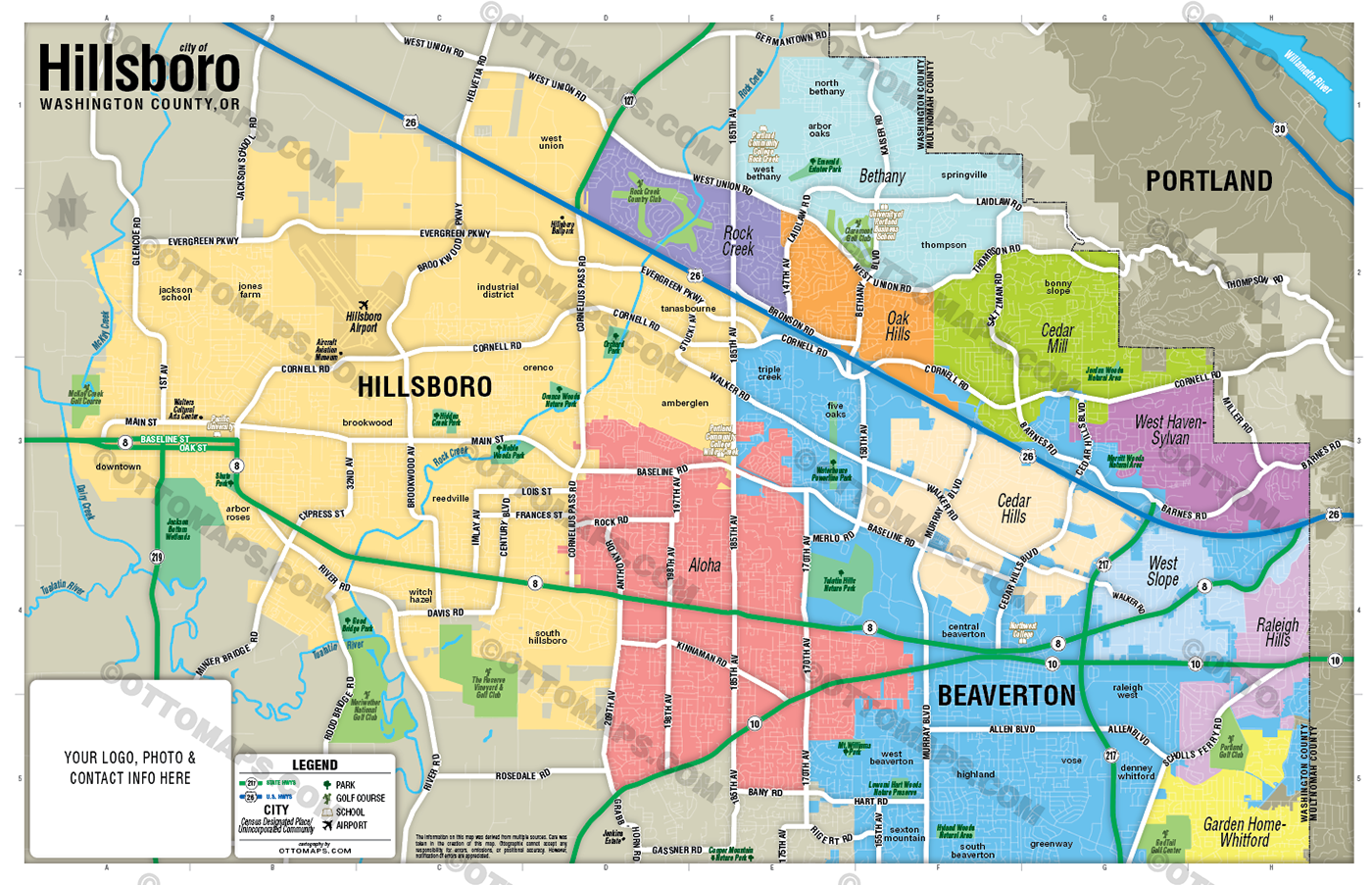 Hillsboro Map with Beaverton, Washington County, OR - FILES - PDF and Adobe Illustrator - with box
