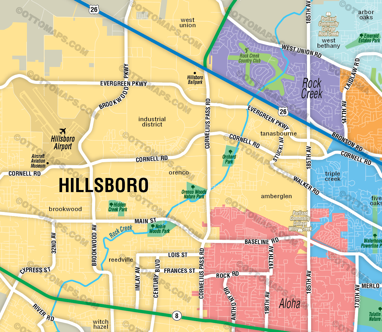 Hillsboro Map with Beaverton, Washington County, OR - FILES - PDF and Adobe Illustrator - zoom