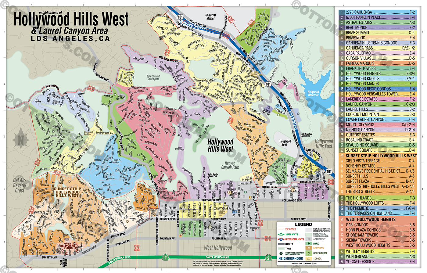 Hollywood Hills West Map and Laurel Canyon Area Map - PDF, editable, royalty free