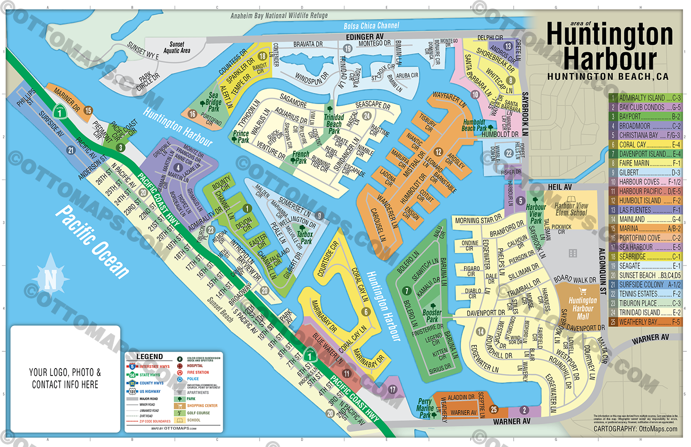 Huntington Harbour Map, Huntington Beach, CA - FILES - PDF and AI, editable, vector, royalty free