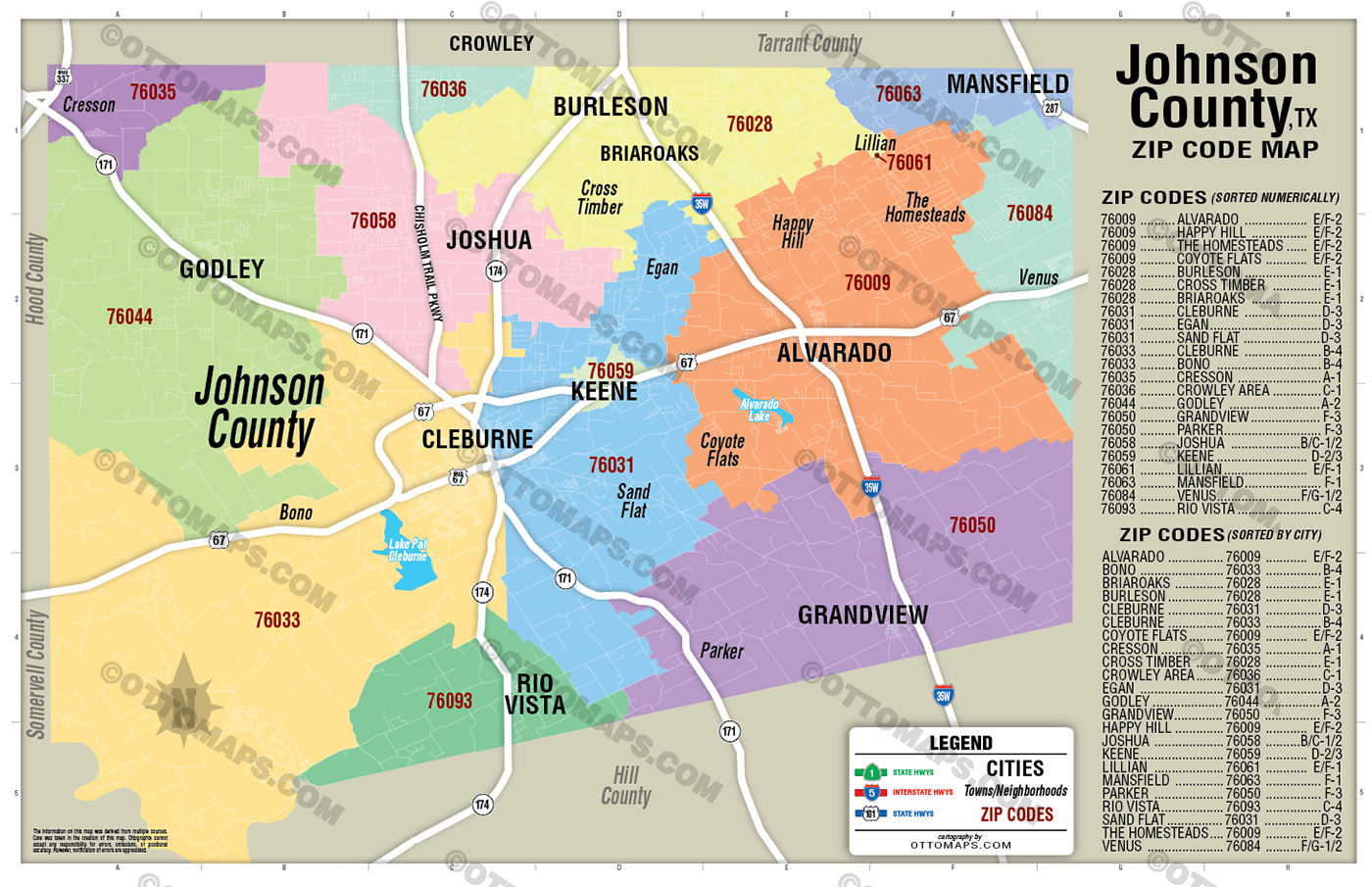 Johnson County, TX Zip Code Map - FILES - PDF and AI Files, editable, vector, royalty free - no box