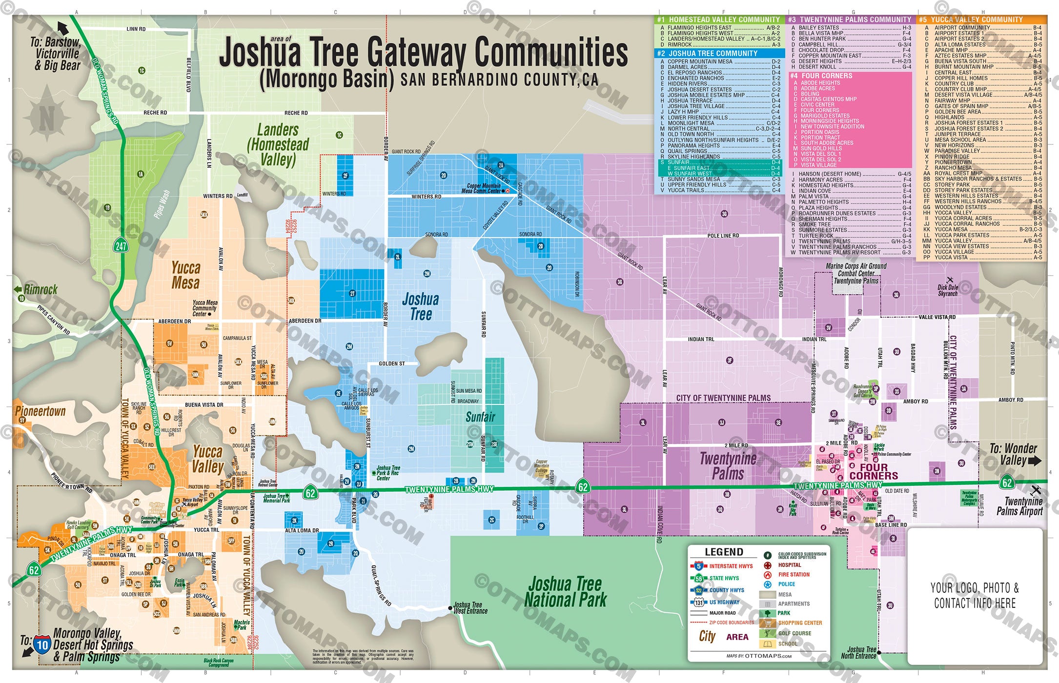 Joshua Tree Gateway Communities Map - Yucca Valley, Yucca Mesa, Joshua Tree and 29 Palms - PDF, editable, royalty free