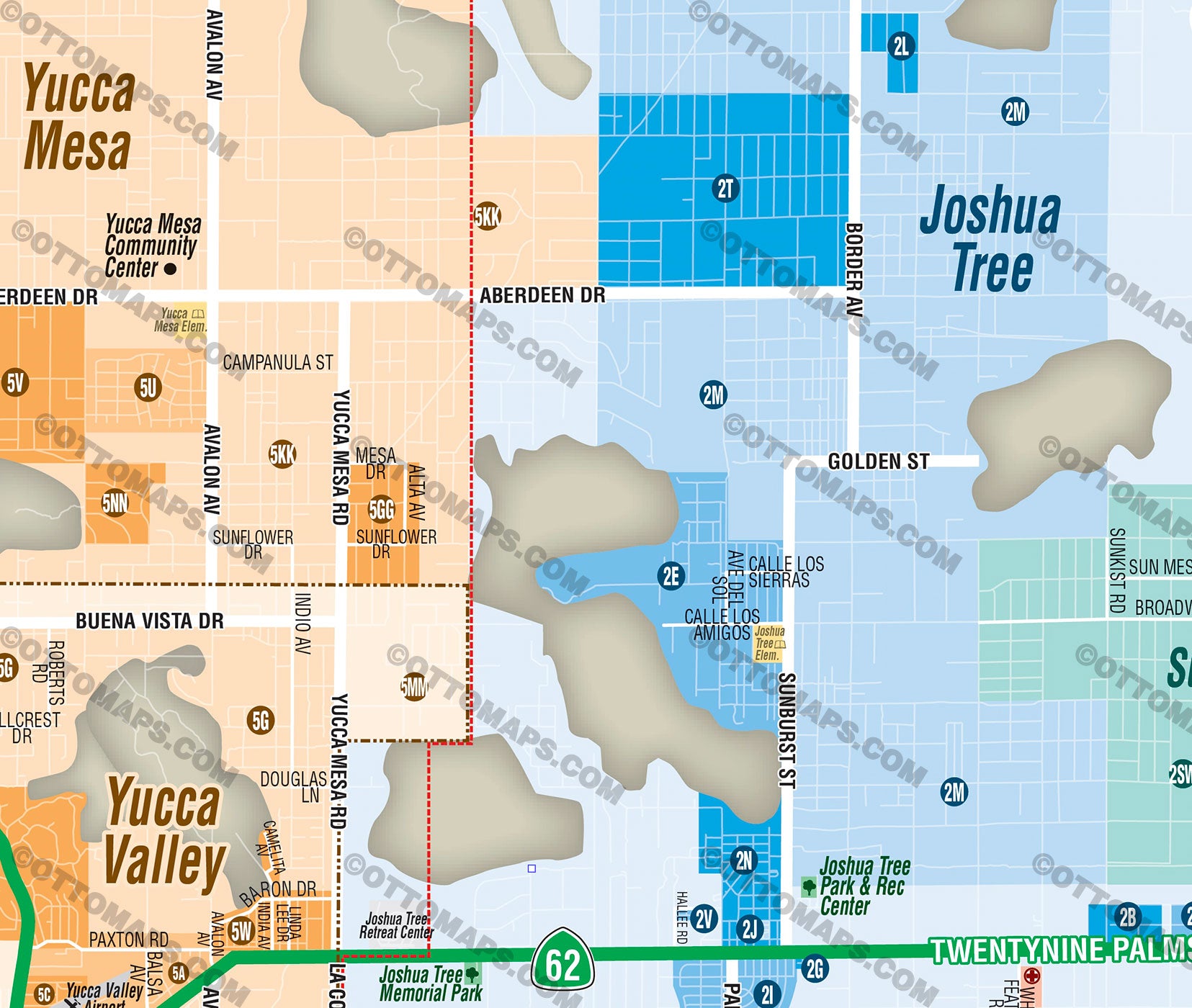 Joshua Tree Gateway Communities Map - Yucca Valley, Yucca Mesa, Joshua Tree and 29 Palms - PDF, editable, royalty free