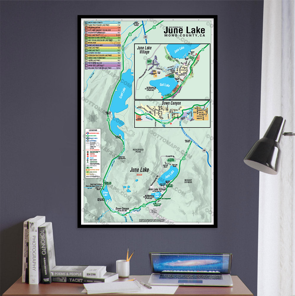 June Lake Map, Mono County, CA - POSTER PRINTS - with frame
