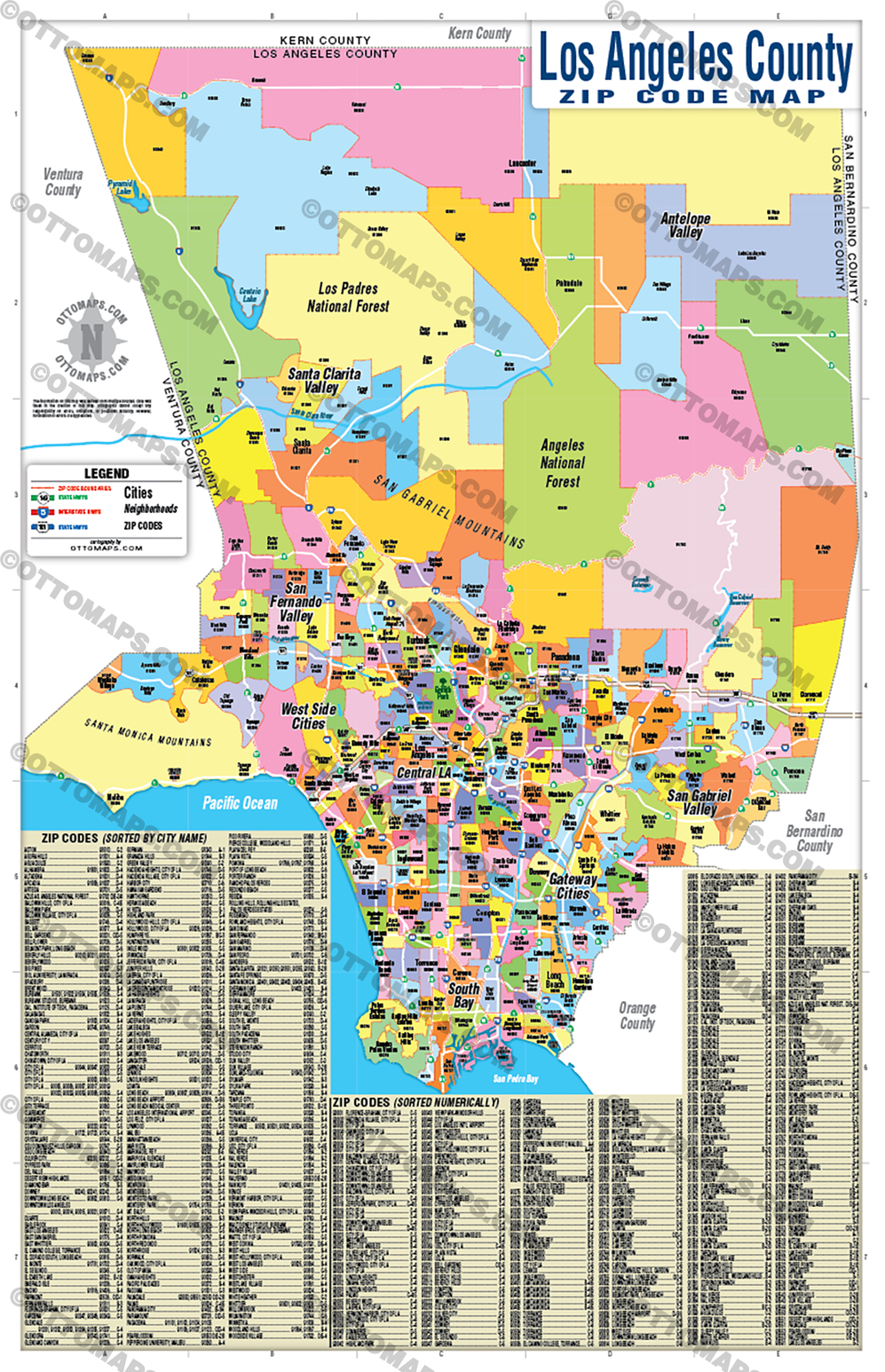 Los Angeles County Zip Code Map (Zip Codes Colored) - POSTER PRINTS