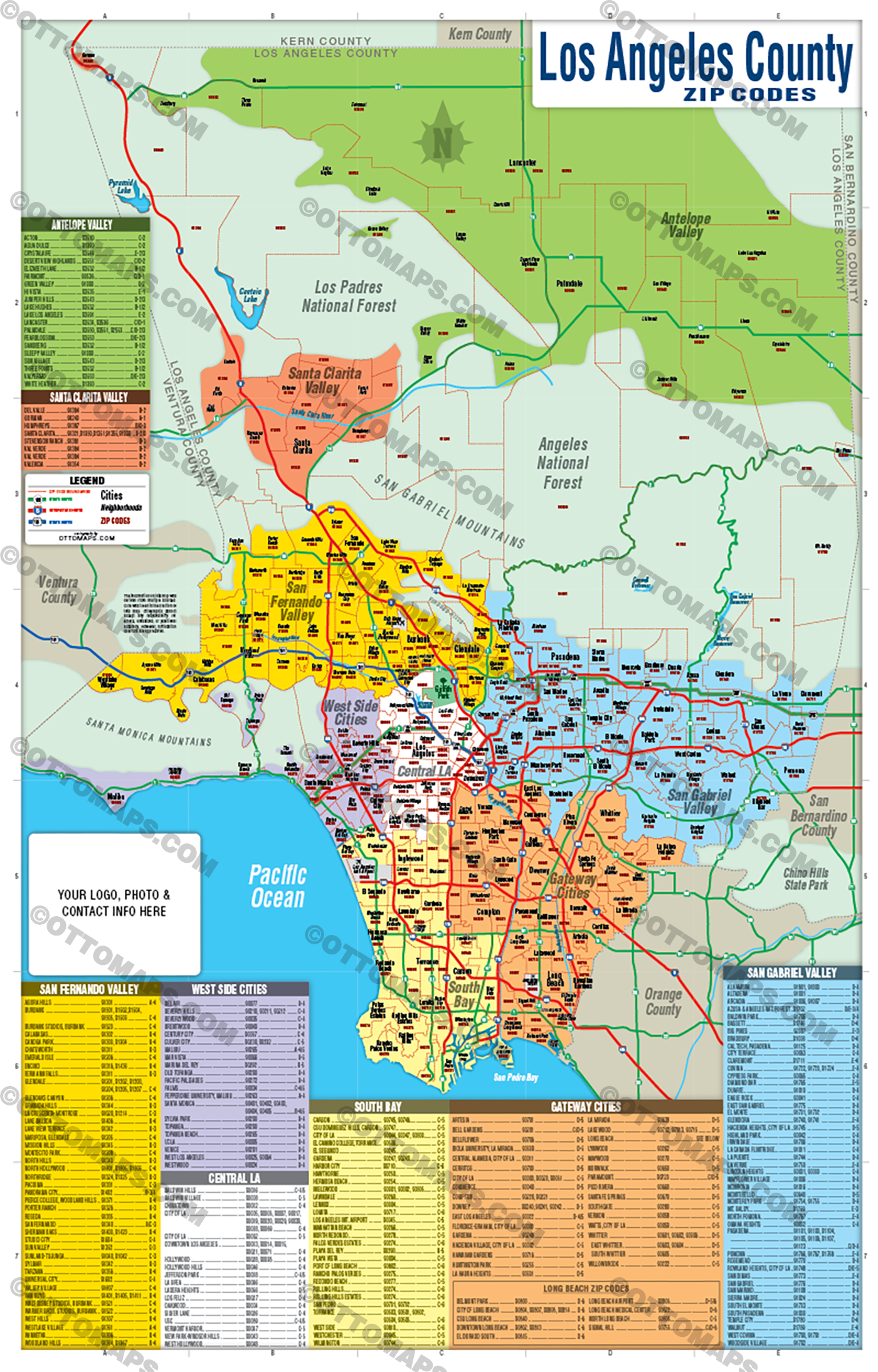 Los Angeles Zip Code Map - FULL (Areas Colored) - FILES - PDF and AI, editable, vector, royalty free-CHECK