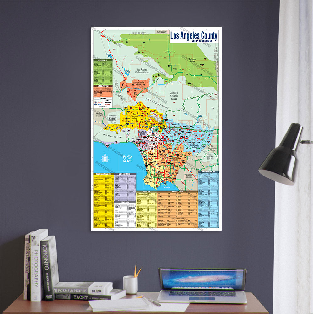 Los Angeles Zip Code Map - FULL (Counties Colored) - POSTER PRINTS