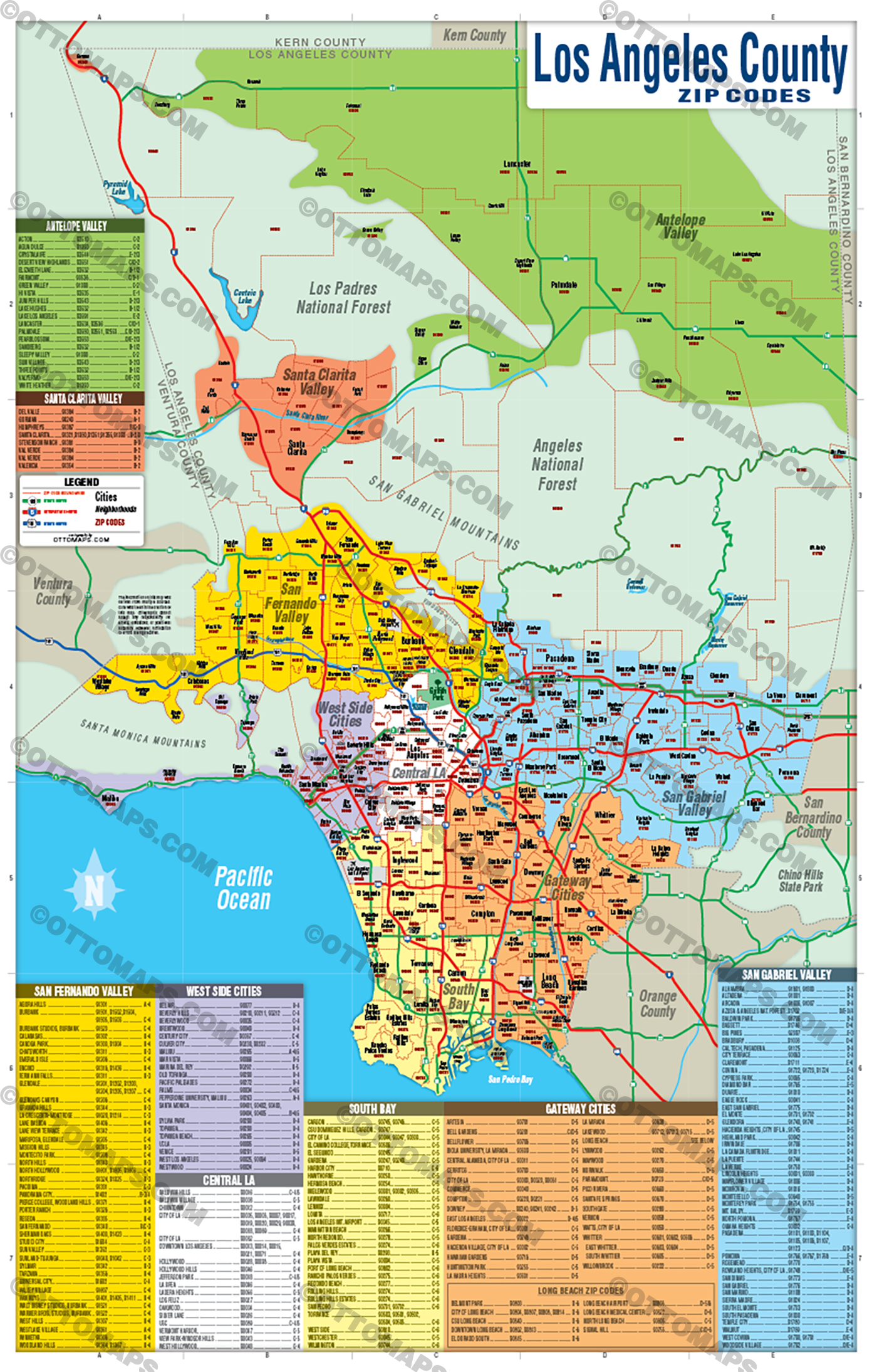 Los Angeles County Zip Code Map (Regions Colored) - POSTER PRINTS