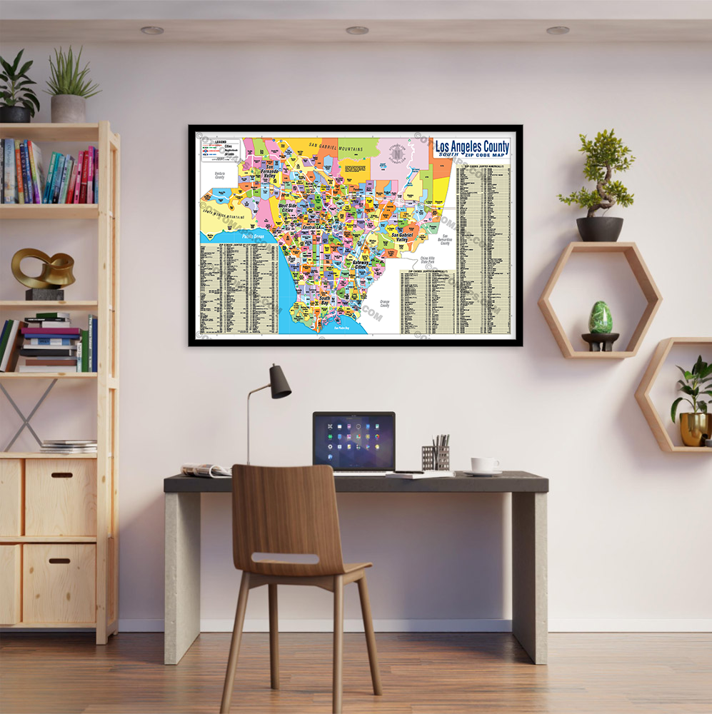 Southern Los Angeles County Zip Code Map (Zip Codes Colored) - POSTER PRINTS - with frame