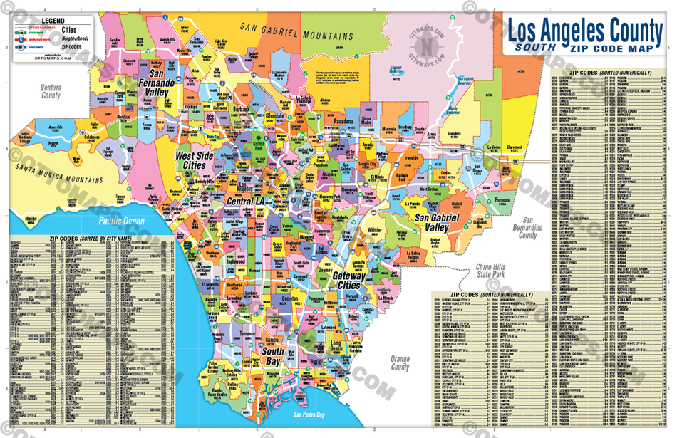 Southern Los Angeles County Zip Code Map (Zip Codes Colored) - POSTER ...