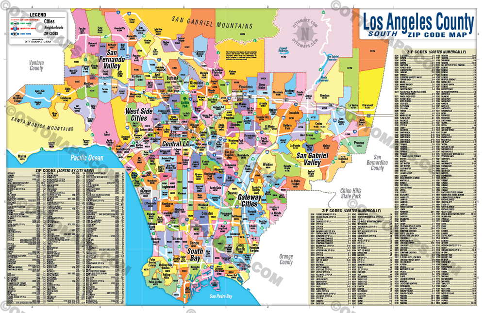 Southern Los Angeles County Zip Code Map (Zip Codes Colored) - POSTER PRINTS