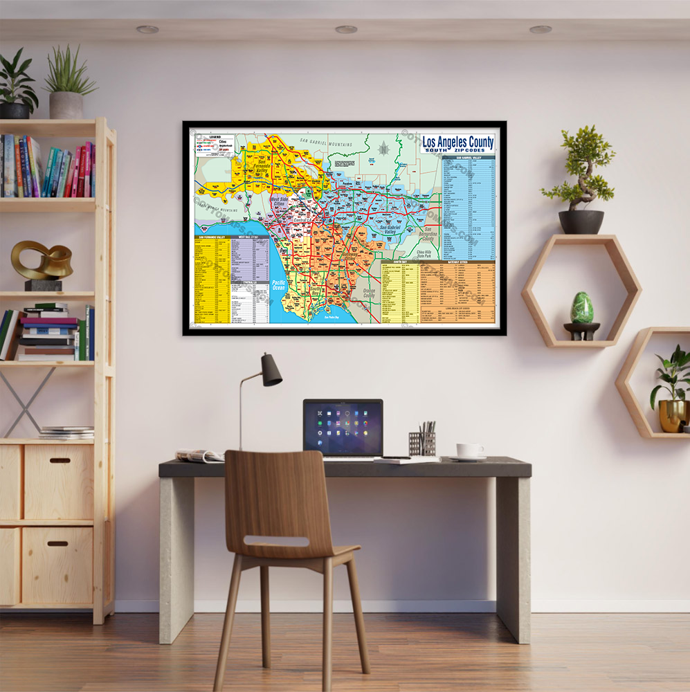 Southern Los Angeles County Zip Code Map (Regions Colored) - POSTER PRINTS - with frame